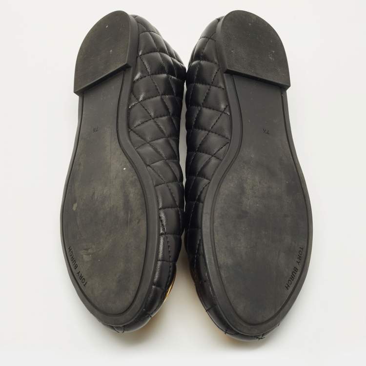 Pre Owned Tory Burch Black Quilted Leather Benton 2 Ballet Flats Size 37.5