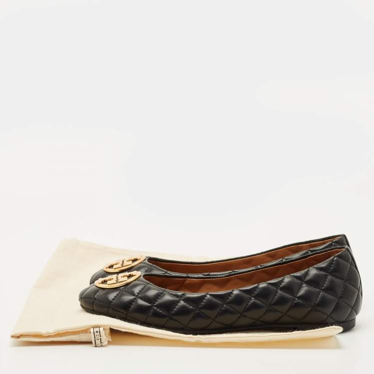 Pre Owned Tory Burch Black Quilted Leather Benton 2 Ballet Flats Size 37.5