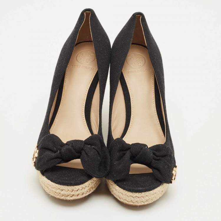 Pre Owned Tory Burch Black Canvas Peep Toe Espadrille Pumps Size 36