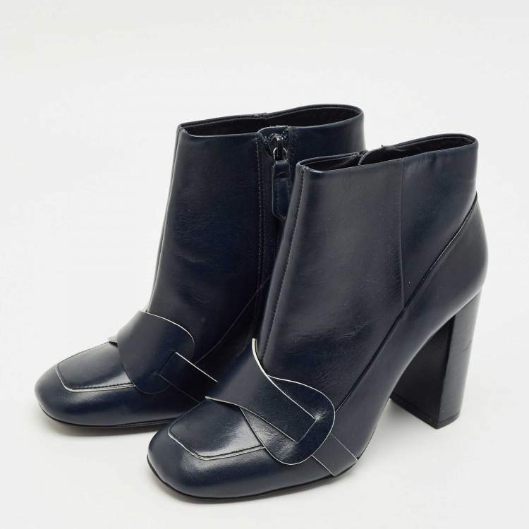 Pre Owned Tory Burch Navy Blue Leather Ankle Length Boots Size 36.5