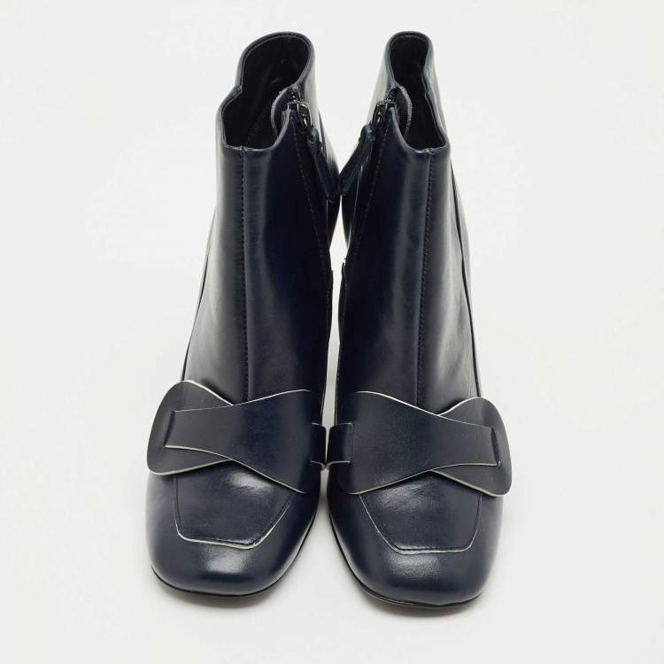 Pre Owned Tory Burch Navy Blue Leather Ankle Length Boots Size 36.5