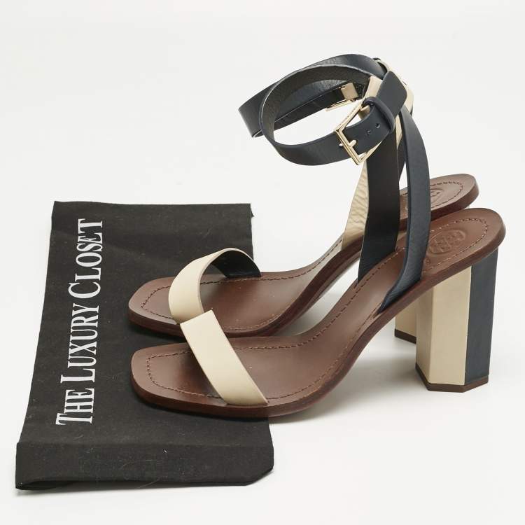 Pre Owned Tory Burch Navy Blue/Cream Leather Ankle Strap Block Heel Sandals Size 38.5