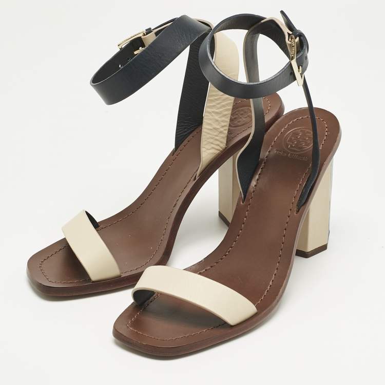 Pre Owned Tory Burch Navy Blue/Cream Leather Ankle Strap Block Heel Sandals Size 38.5