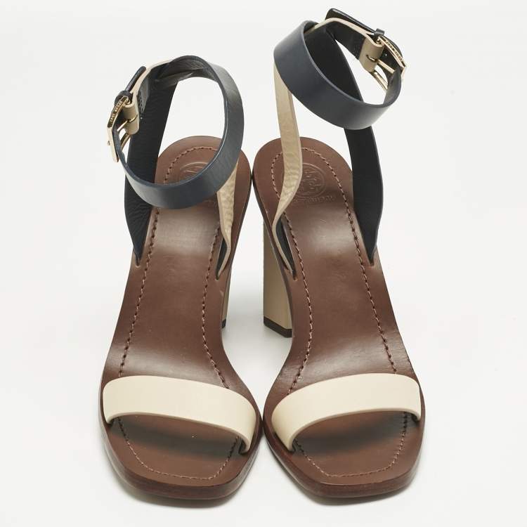 Pre Owned Tory Burch Navy Blue/Cream Leather Ankle Strap Block Heel Sandals Size 38.5