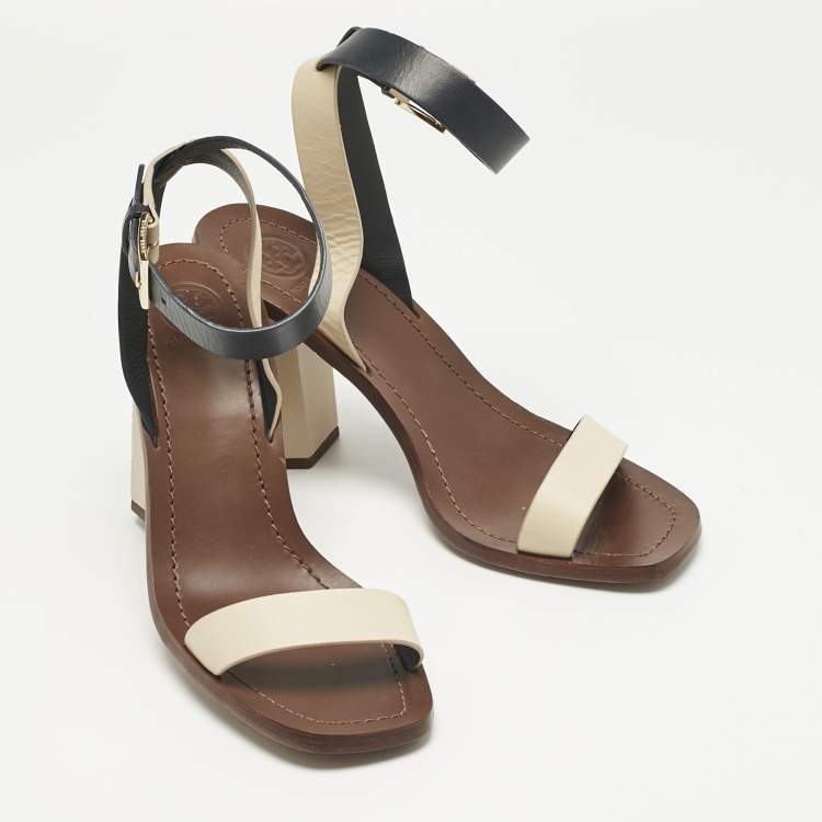 Pre Owned Tory Burch Navy Blue/Cream Leather Ankle Strap Block Heel Sandals Size 38.5