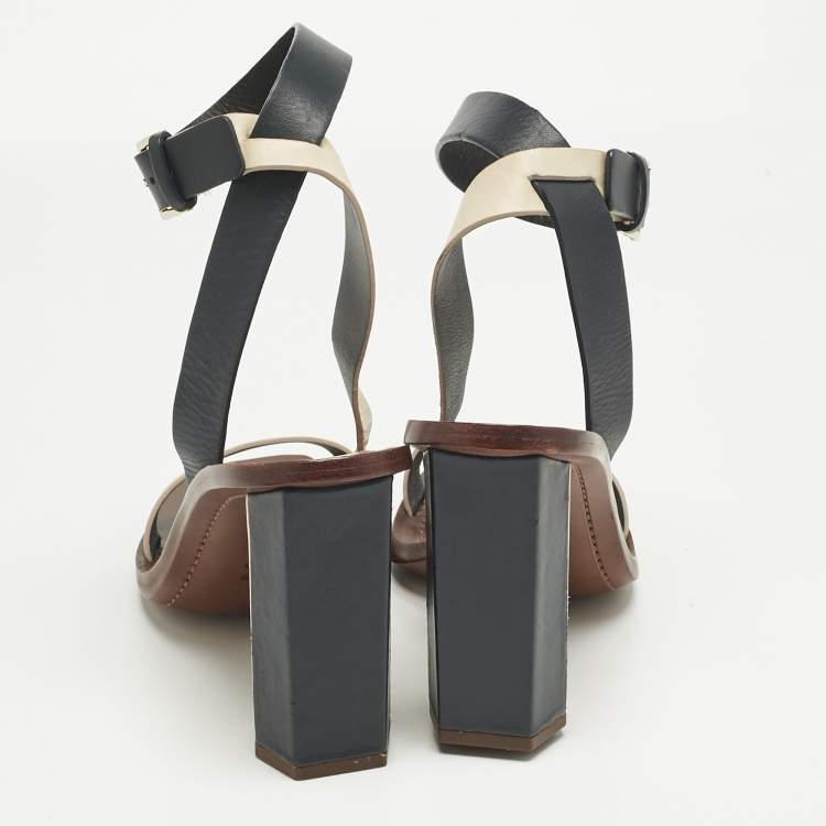 Pre Owned Tory Burch Navy Blue/Cream Leather Ankle Strap Block Heel Sandals Size 38.5