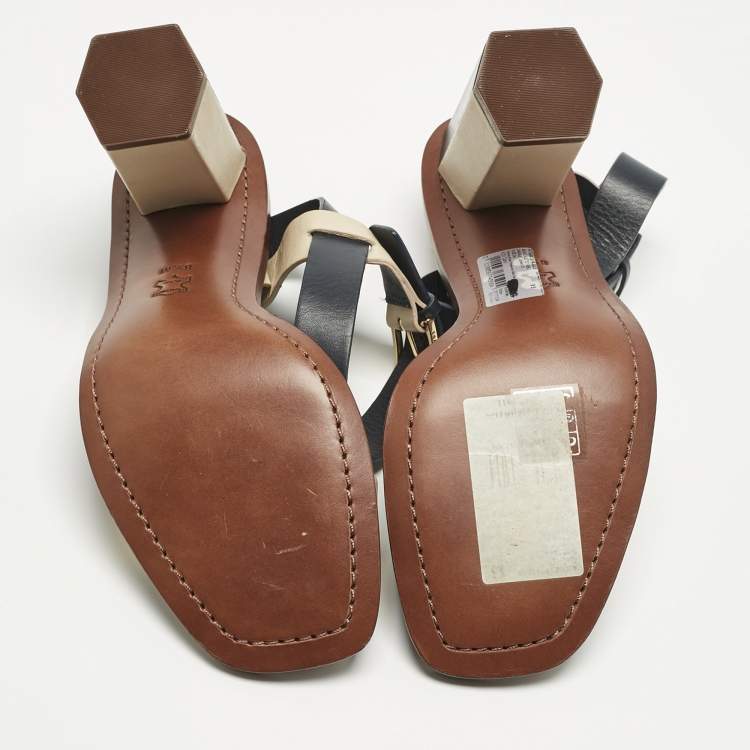 Pre Owned Tory Burch Navy Blue/Cream Leather Ankle Strap Block Heel Sandals Size 38.5