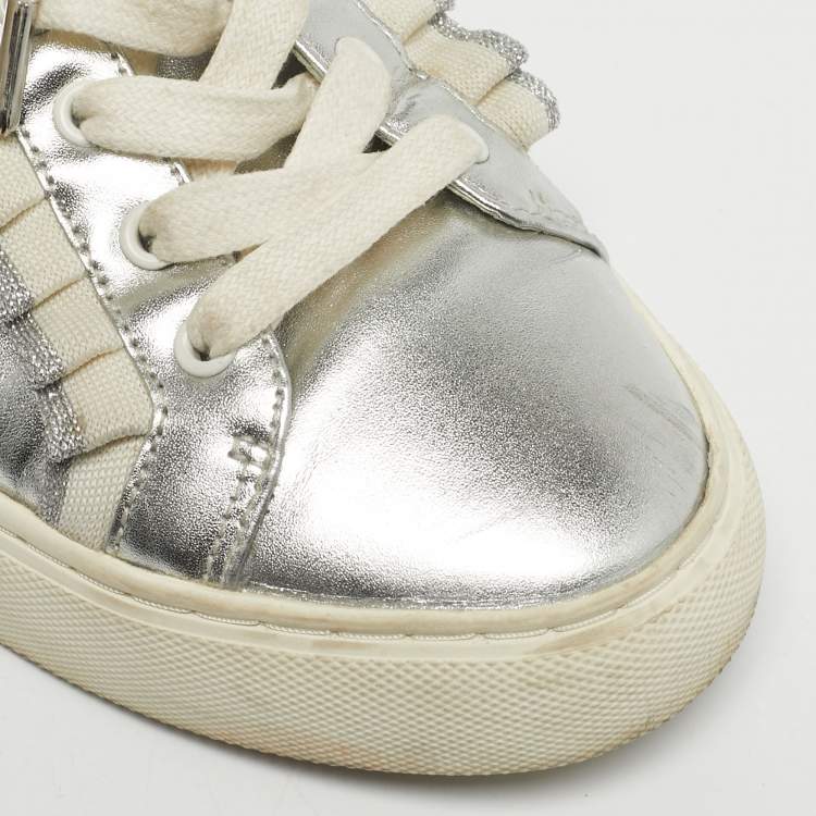 Pre Owned Tory Burch Silver/White Leather Tory Sport Ruffle Low Top Sneakers Size 37