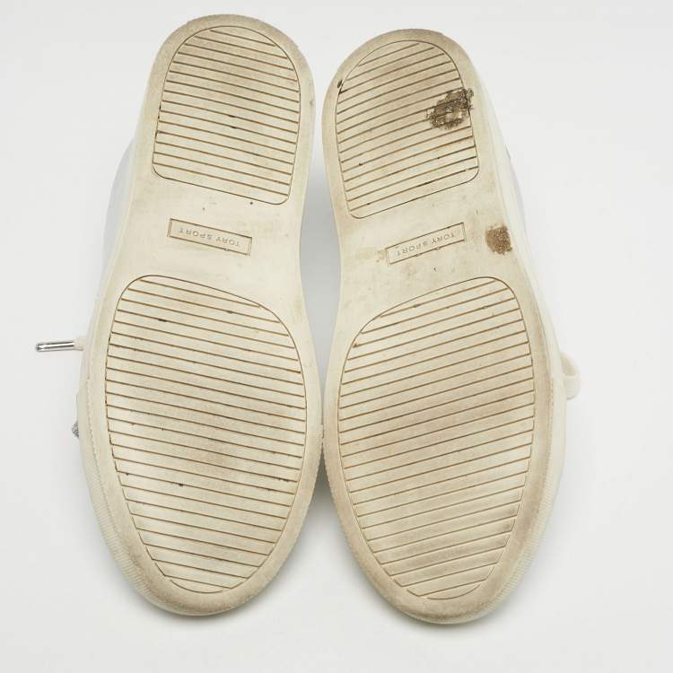 Pre Owned Tory Burch Silver/White Leather Tory Sport Ruffle Low Top Sneakers Size 37