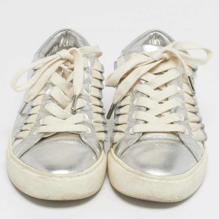 Pre Owned Tory Burch Silver/White Leather Tory Sport Ruffle Low Top Sneakers Size 37