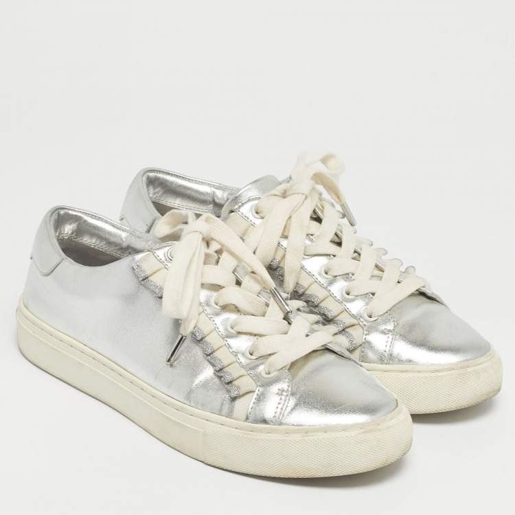 Pre Owned Tory Burch Silver/White Leather Tory Sport Ruffle Low Top Sneakers Size 37