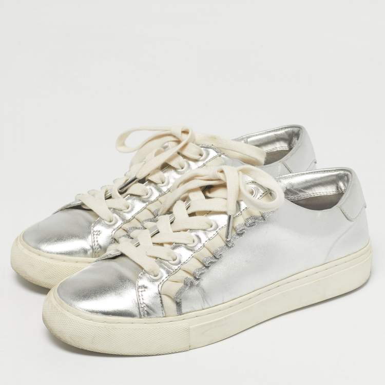 Pre Owned Tory Burch Silver/White Leather Tory Sport Ruffle Low Top Sneakers Size 37