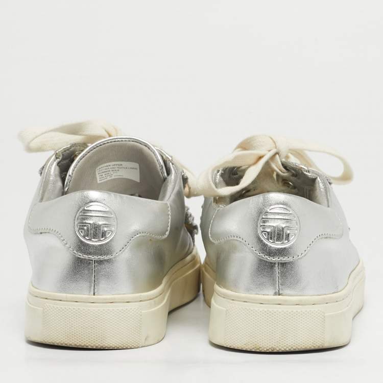 Pre Owned Tory Burch Silver/White Leather Tory Sport Ruffle Low Top Sneakers Size 37