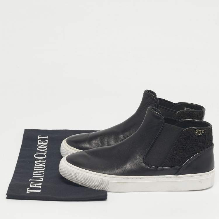 Pre Owned Tory Burch Black Lace and Leather Rosette High Top Nappa Sneakers Size 36