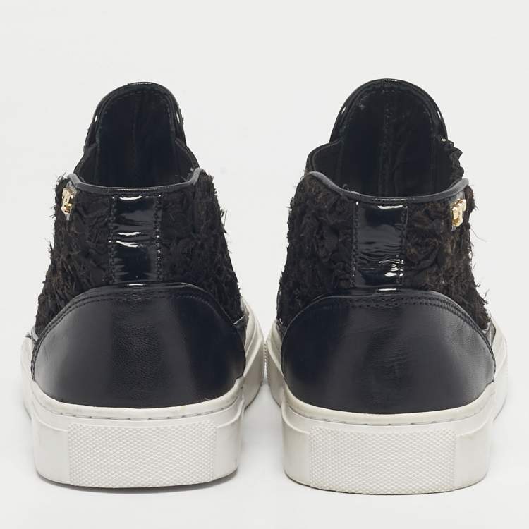 Pre Owned Tory Burch Black Lace and Leather Rosette High Top Nappa Sneakers Size 36