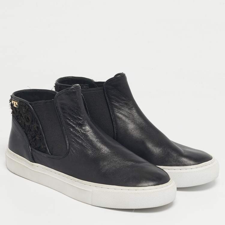 Pre Owned Tory Burch Black Lace and Leather Rosette High Top Nappa Sneakers Size 36