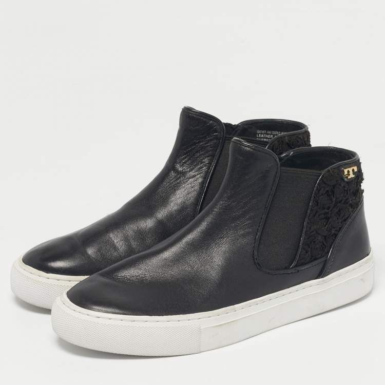 Pre Owned Tory Burch Black Lace and Leather Rosette High Top Nappa Sneakers Size 36