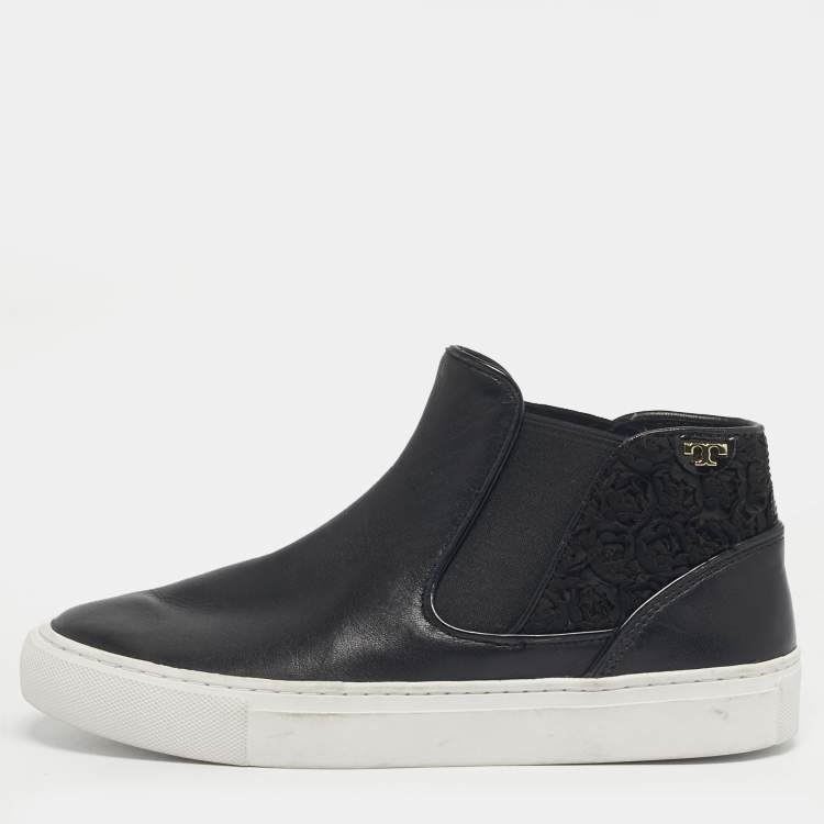Pre Owned Tory Burch Black Lace and Leather Rosette High Top Nappa Sneakers Size 36