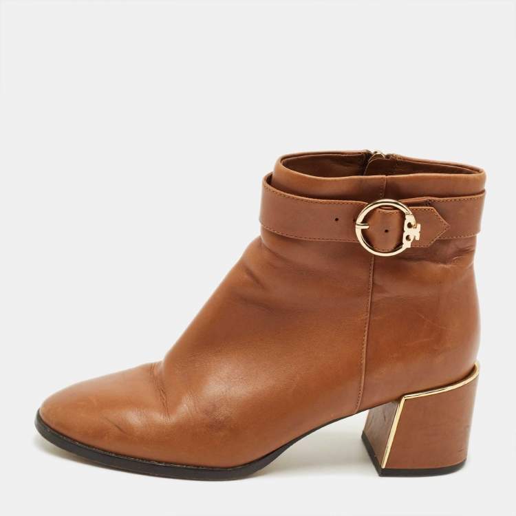 Pre Owned Tory Burch Brown Leather Ankle Length Boots Size 36