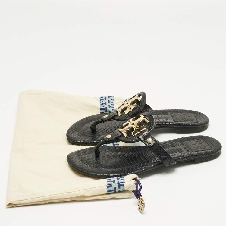 Pre Owned Tory Burch Black Python Embossed Leather Logo Miller Thong Flat Size 37