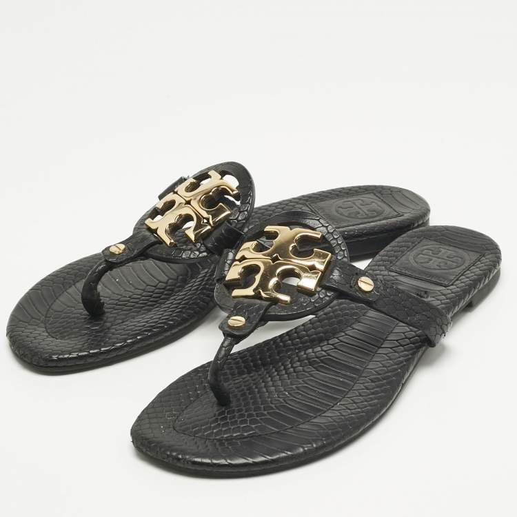 Pre Owned Tory Burch Black Python Embossed Leather Logo Miller Thong Flat Size 37