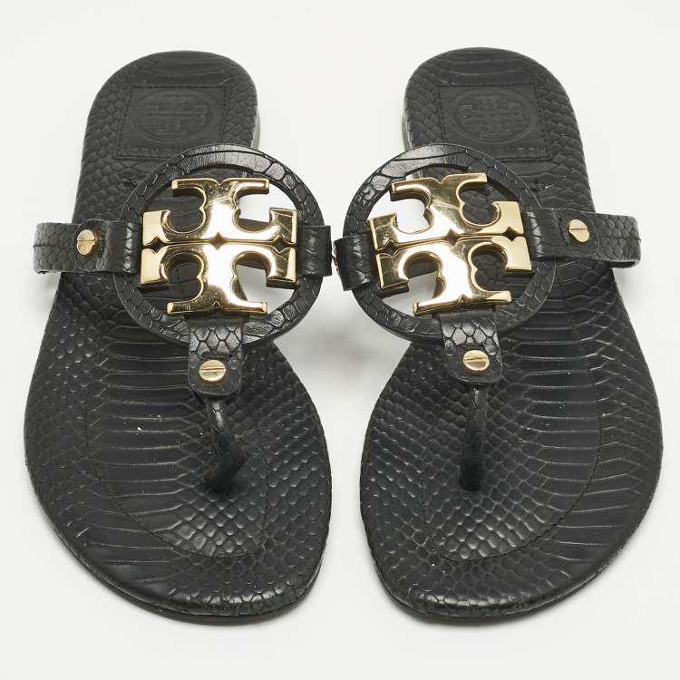 Pre Owned Tory Burch Black Python Embossed Leather Logo Miller Thong Flat Size 37