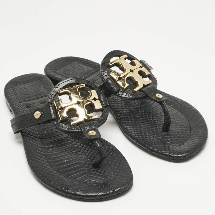Pre Owned Tory Burch Black Python Embossed Leather Logo Miller Thong Flat Size 37