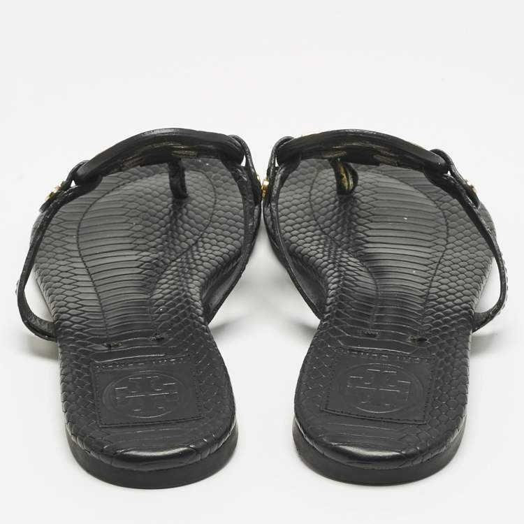 Pre Owned Tory Burch Black Python Embossed Leather Logo Miller Thong Flat Size 37