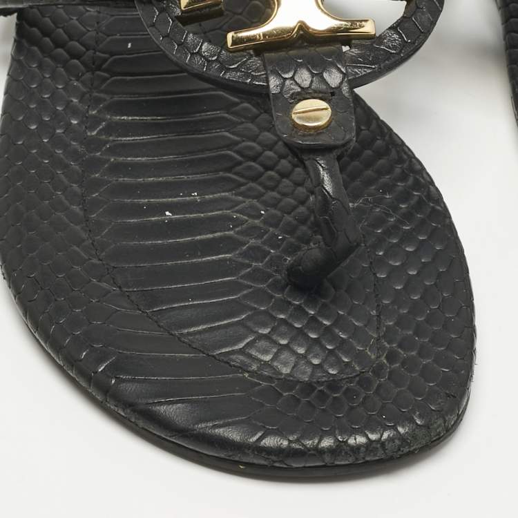 Pre Owned Tory Burch Black Python Embossed Leather Logo Miller Thong Flat Size 37