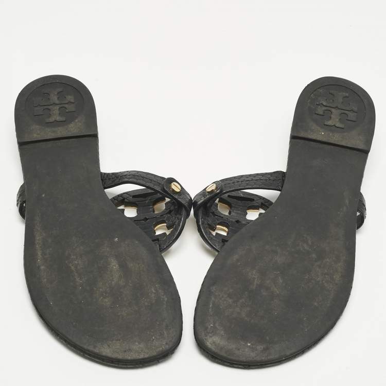 Pre Owned Tory Burch Black Python Embossed Leather Logo Miller Thong Flat Size 37