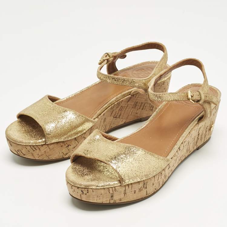 Pre Owned Tory Burch Gold Texture Suede Wedge Sandals Size 37.5