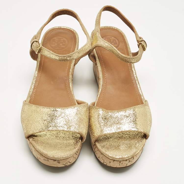 Pre Owned Tory Burch Gold Texture Suede Wedge Sandals Size 37.5
