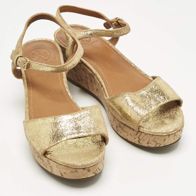 Pre Owned Tory Burch Gold Texture Suede Wedge Sandals Size 37.5