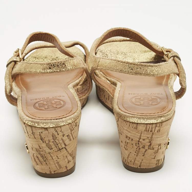 Pre Owned Tory Burch Gold Texture Suede Wedge Sandals Size 37.5