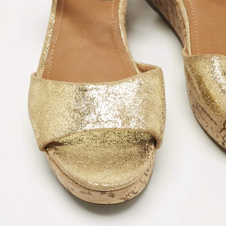 Pre Owned Tory Burch Gold Texture Suede Wedge Sandals Size 37.5