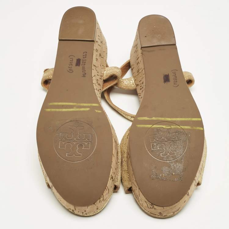 Pre Owned Tory Burch Gold Texture Suede Wedge Sandals Size 37.5