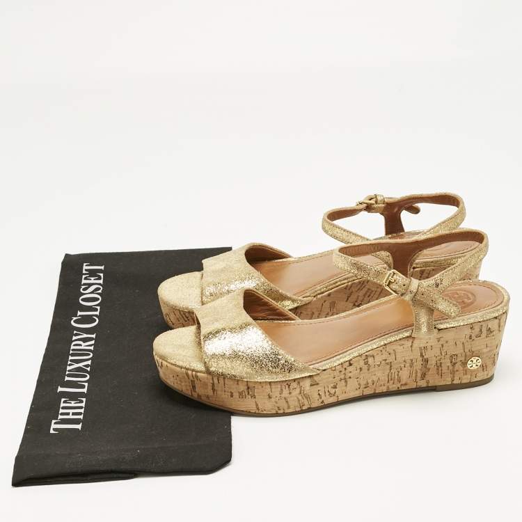 Pre Owned Tory Burch Gold Texture Suede Wedge Sandals Size 37.5