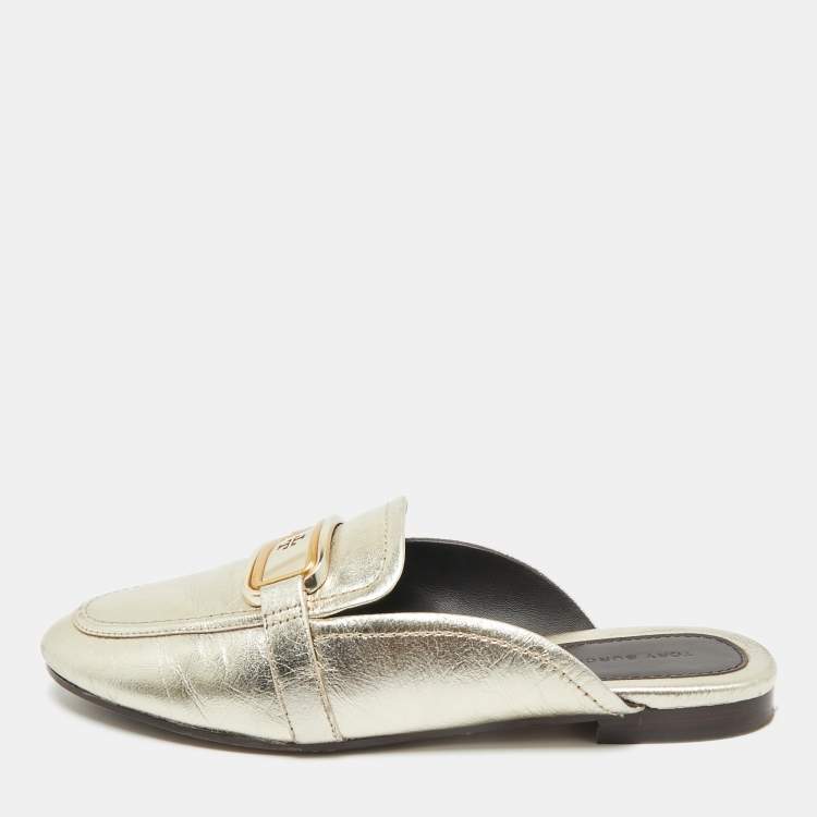 Pre Owned Tory Burch Gold Leather Georgia Mules Size 37