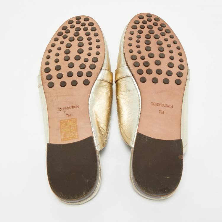 Pre Owned Tory Burch Gold Leather Georgia Mules Size 37
