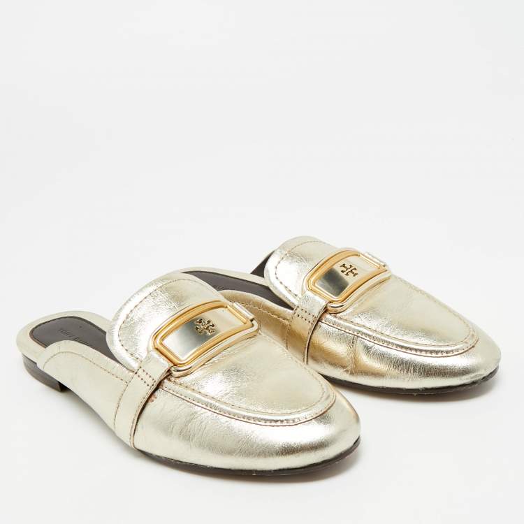 Pre Owned Tory Burch Gold Leather Georgia Mules Size 37