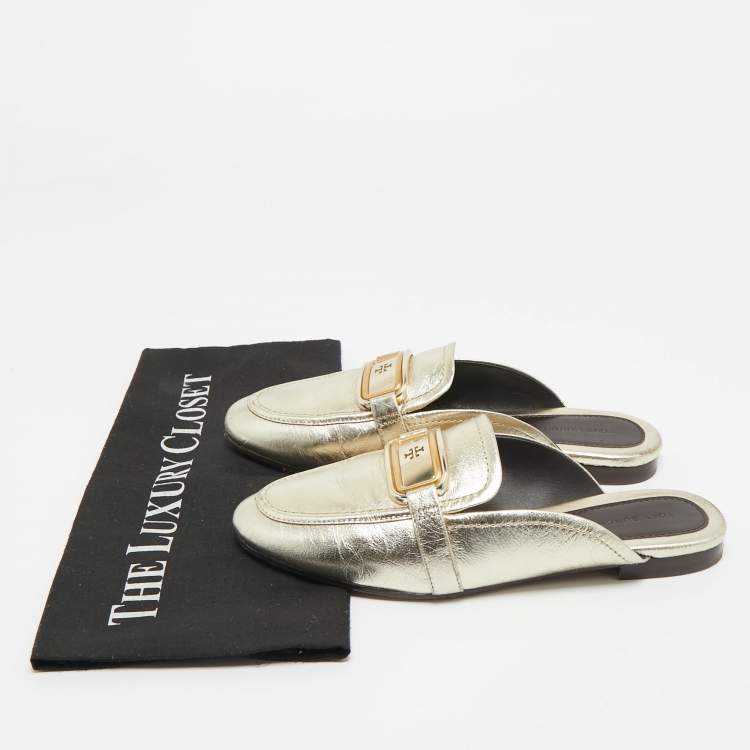 Pre Owned Tory Burch Gold Leather Georgia Mules Size 37