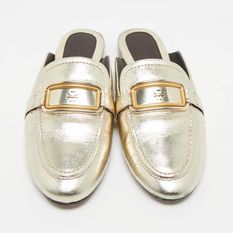 Pre Owned Tory Burch Gold Leather Georgia Mules Size 37