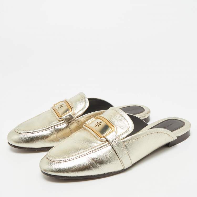 Pre Owned Tory Burch Gold Leather Georgia Mules Size 37
