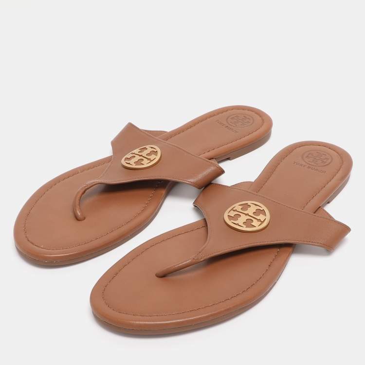 Pre Owned Tory Burch Brown Leather Benton Thong Flats Size 41