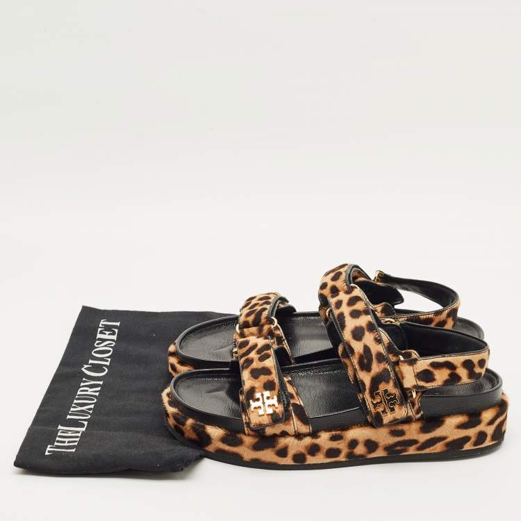 Pre Owned Tory Burch Brown Loepard-Print Calf Hair Flat Sandals Size 38