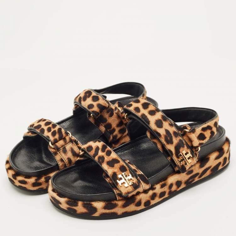 Pre Owned Tory Burch Brown Loepard-Print Calf Hair Flat Sandals Size 38