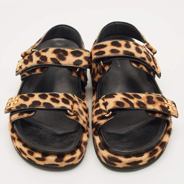 Pre Owned Tory Burch Brown Loepard-Print Calf Hair Flat Sandals Size 38