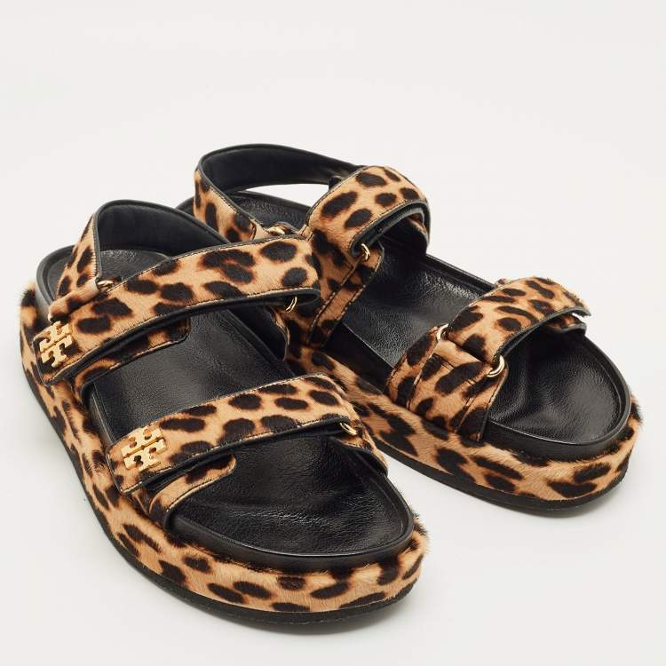 Pre Owned Tory Burch Brown Loepard-Print Calf Hair Flat Sandals Size 38