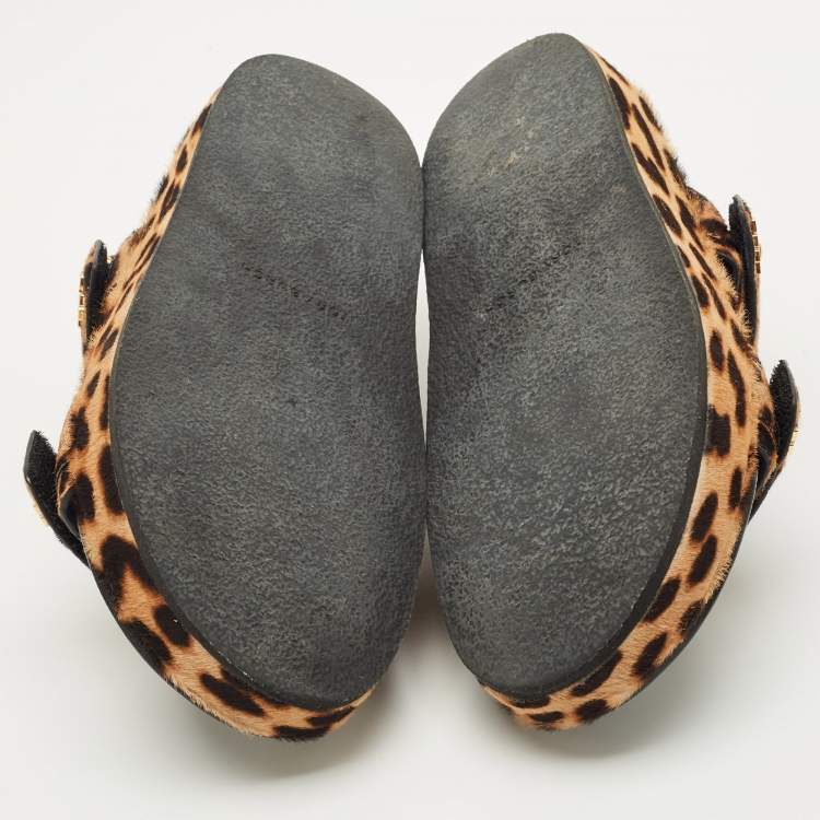 Pre Owned Tory Burch Brown Loepard-Print Calf Hair Flat Sandals Size 38