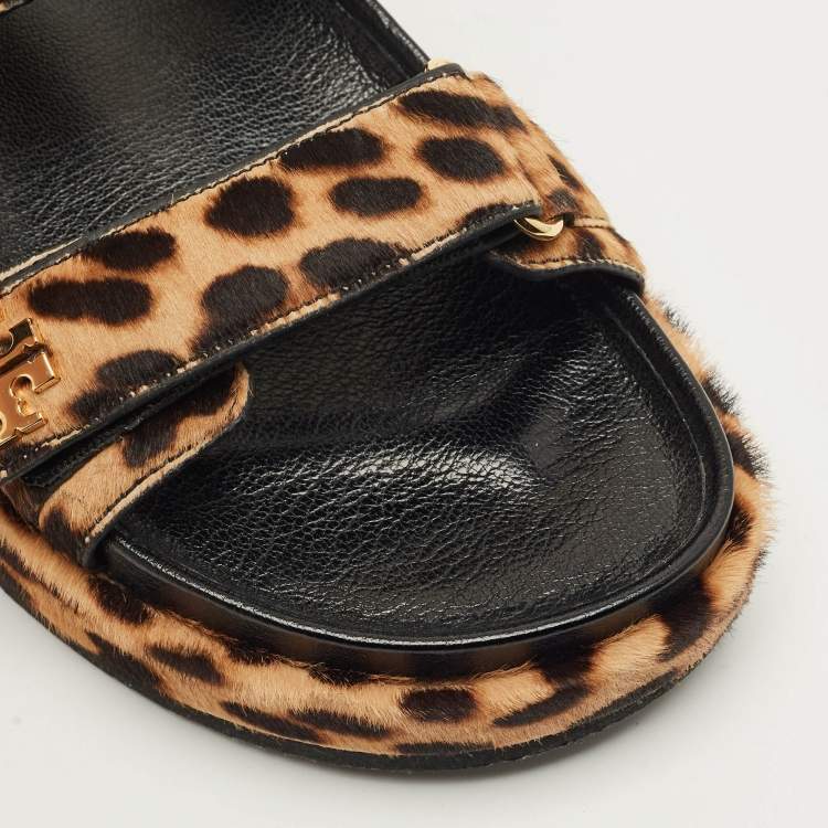 Pre Owned Tory Burch Brown Loepard-Print Calf Hair Flat Sandals Size 38
